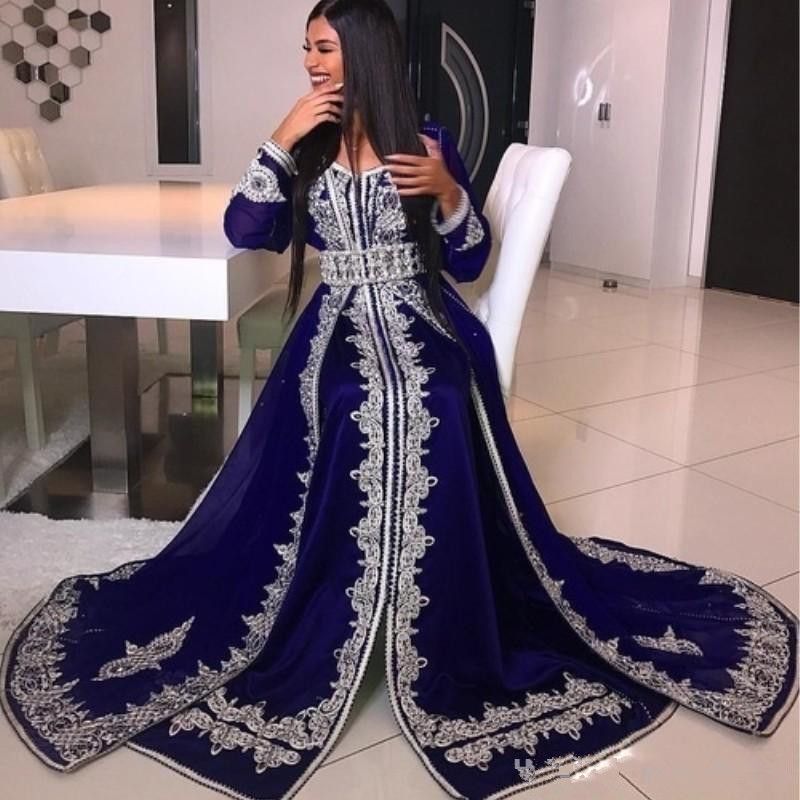 Arabic Muslim Long Sleeve Evening Dresses V Neck Crystal Beads Lace ...