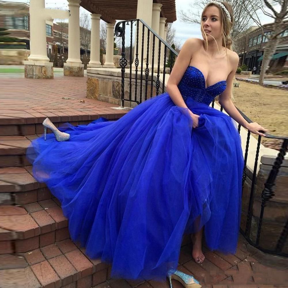 Elegant Royal Blue A Line Prom Dresses With Sweetheart Crystal Beaded Floor Length Tulle Skirt Plus Size Prom Dresses White Prom Dresses Under 100