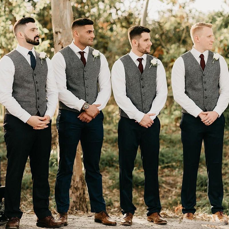 Compra Grises Del Novio Chalecos De Lana De Espiga Tweed Padrinos De Boda Chaleco  Para Hombre Slim Fit Vestimenta Juego Del Chaleco Del Banquete De Boda Prom  Chaleco Barato | Entrega Rápida