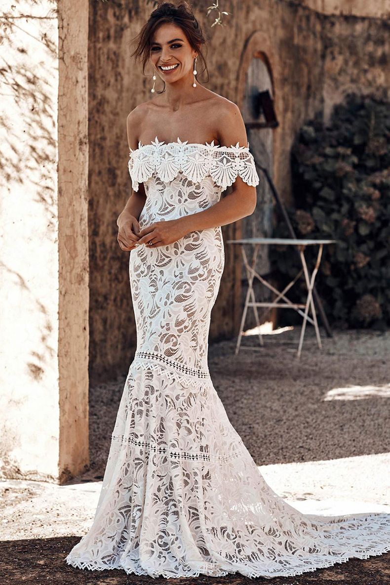 Compra Vestido De Encaje De Europa Y América Del Banquete Vestido Largo  Elegante Vestido De Novia Blanco Dobladillo Hombro Cola De Pescado Novia  Barato | Entrega Rápida Y Calidad | Es.Dhgate