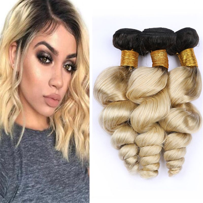 Loose Wave Dark Roots 613 Blonde Ombre Human Hair Weave Bundles 1b