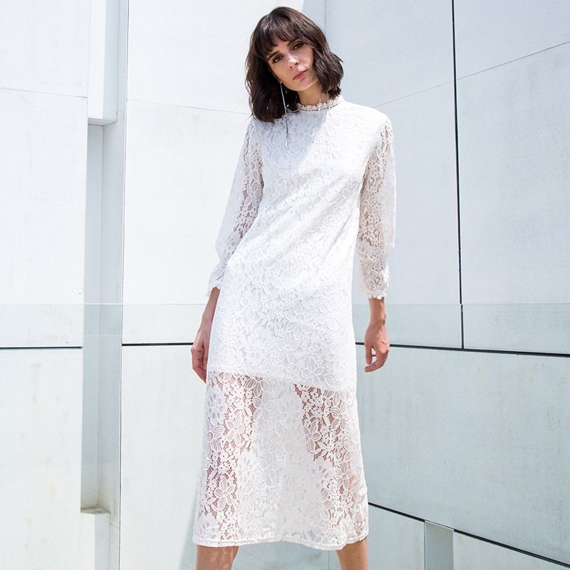 lace hollow flared sleeves evening dress