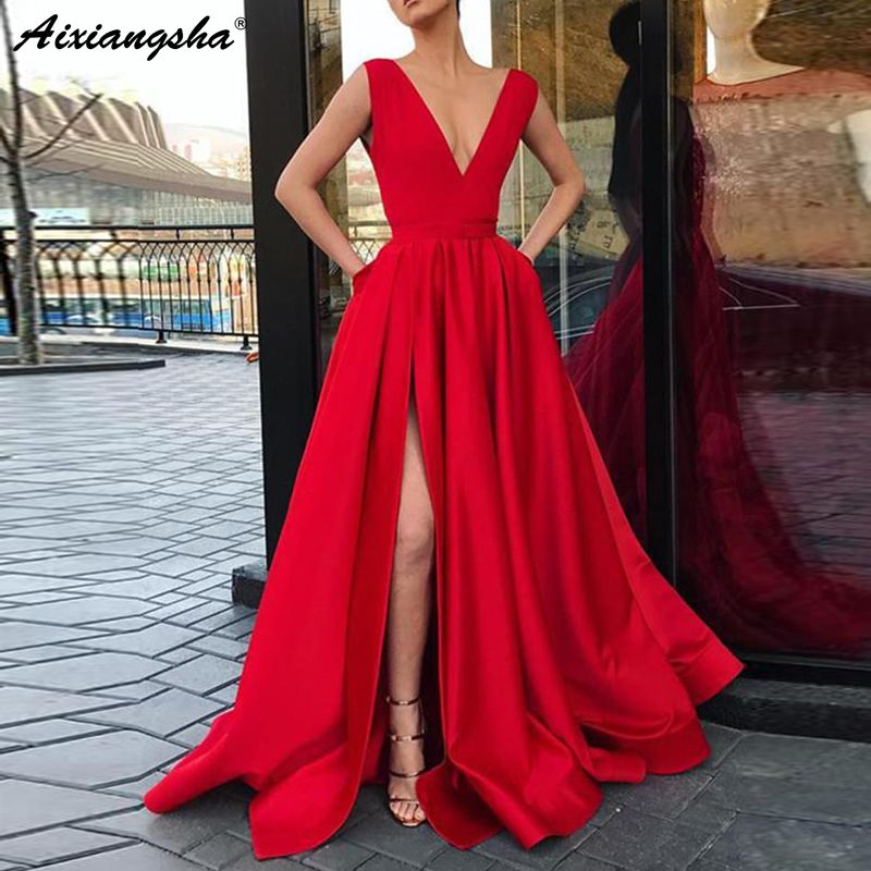 Elegant V Neckline Satin Burgundy Prom Dress With Pocket 2018 De Festa High Side Slit Evening Party Sleeveless Long Prom Dresses From Bride_warbrobe, $73.57 | DHgate.Com