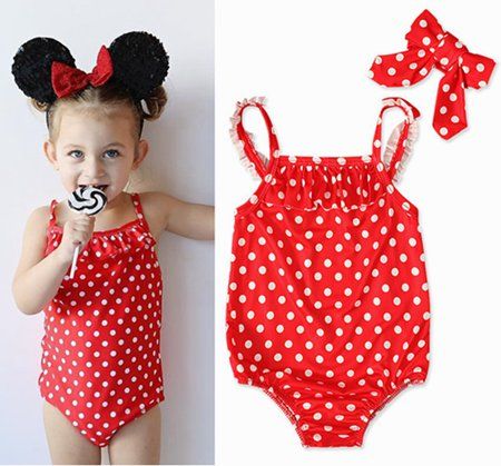 Baby Toddler Kid Girls Ruffle One Piece Halter Swimsuit Polka Dot Bathing Suit Swimwear Tankini with Headband