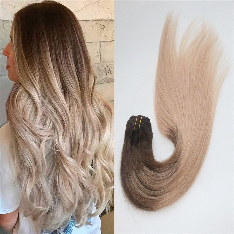 Clip In Remy Human Hair Ombre Brown To Ash Blonde Highlights 4 18