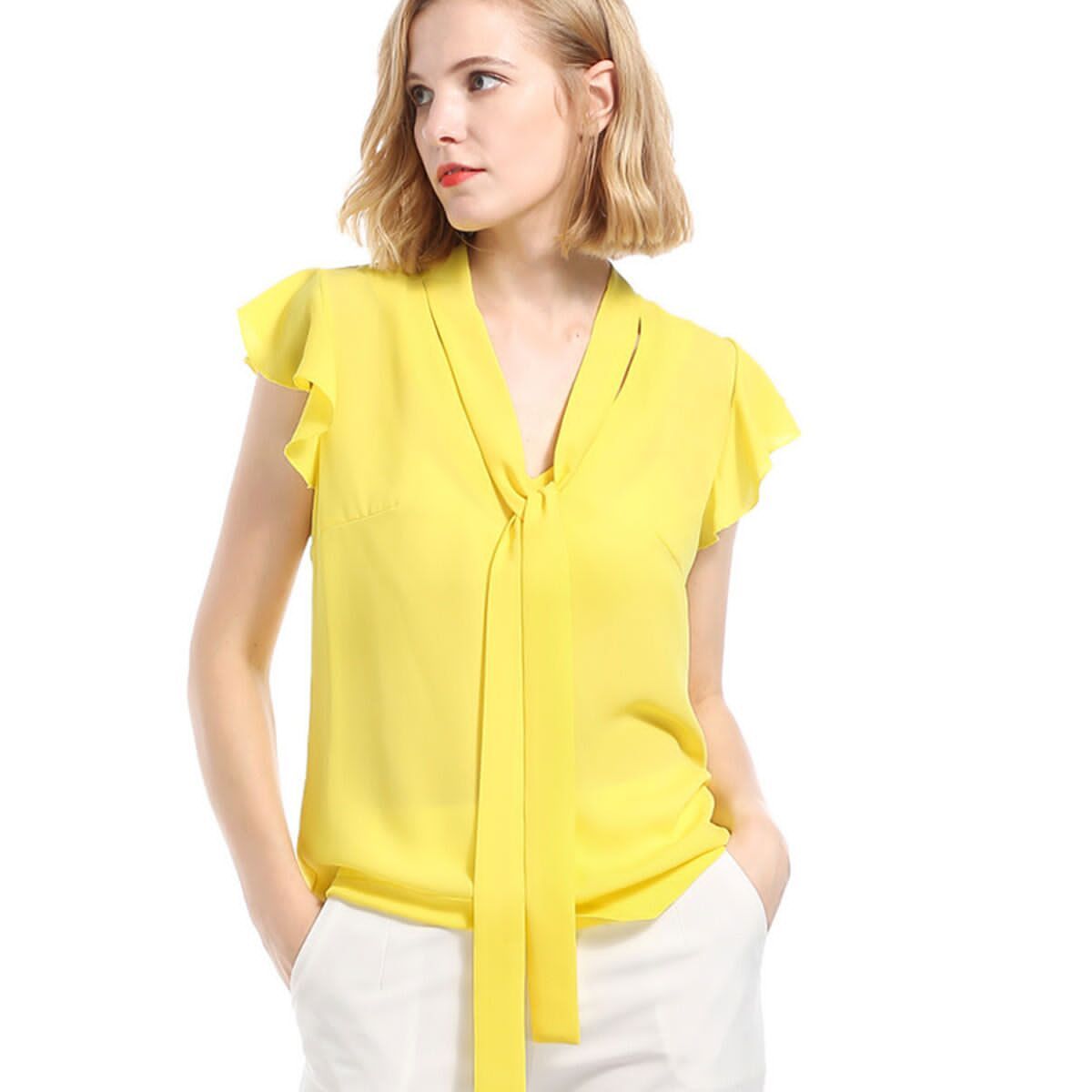 2018 blusa verano para mujer blusa de gasa amarilla con volantes casual office blusas de manga corta en v y encaje elegante top