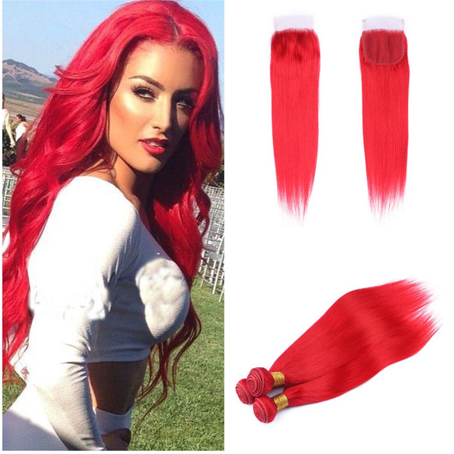 2019 Red Human Hair Bundles With Lace Closure Virgin Brazilian