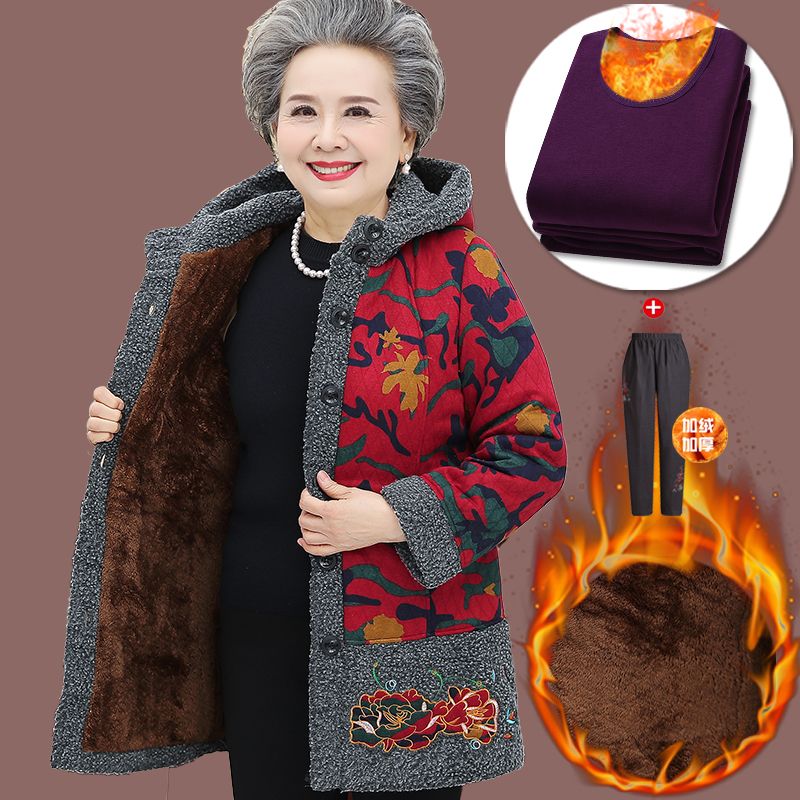 Ropa para mujer avanzada abuela abrigo de invierno de 70 años de antigüedad en el fondo forrado-Fleece Ropa mamá gruesa de algodón acolchado Sra.