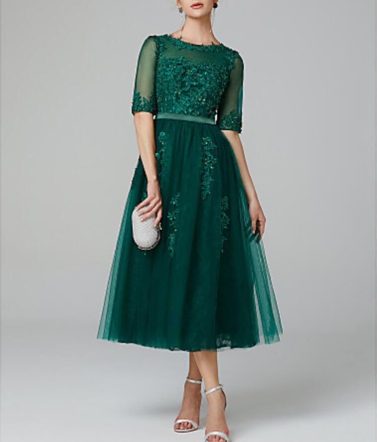 dark green tea length dress