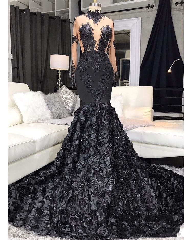 Elegant Black Girls Black Mermaid Prom Dresses 2020 Beaded Sexy Long ...