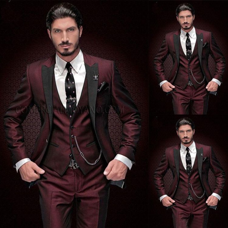 Compra Burgundy Para Hombre, 3 Piezas, Trajes De Solapa De Pico Negro Slim  Fit Novio Tuxedos De Boda Groomsman Formal Traje De Fiesta Chaqueta +  Pantalones + Chaleco Barato | Entrega Rápida