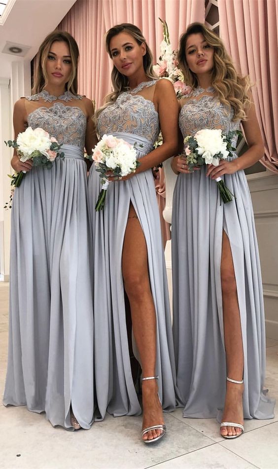 Sheer Top Bridesmaids Dresses Silver Women Wedding Party