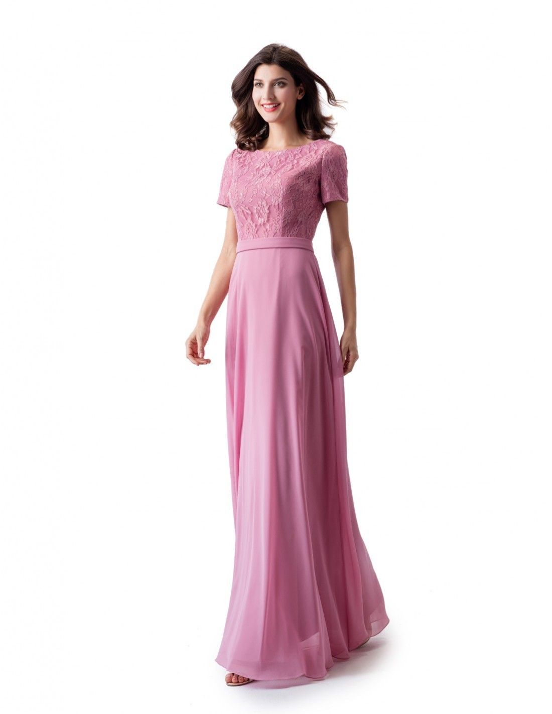 Dusty Pink A Line Lace Chiffon Long Modest Prom Dress With Cap Sleeves New Arrival Floor Length