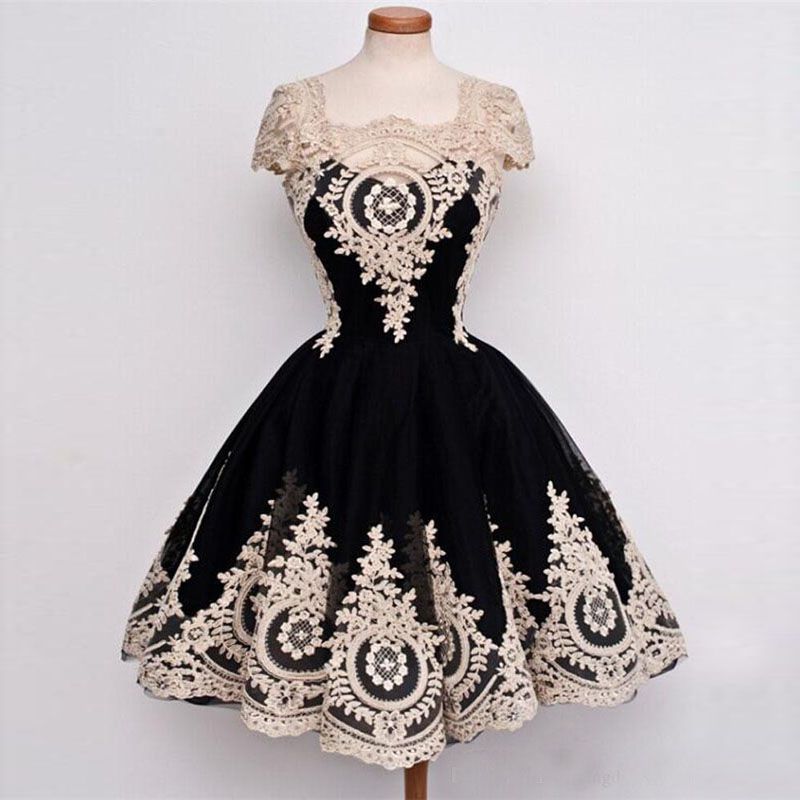 Chic High School Homecoming Vestidos Vestidos de 15 ANOS CORTO Vintage Vintage Black Breve Vestido de graduación con apliques de encaje Chic High School Homecoming Vestidos Vestidos de 15 ANOS CORTO Vintage Vintage Black Breve Vestido de graduación con apliques de encaje