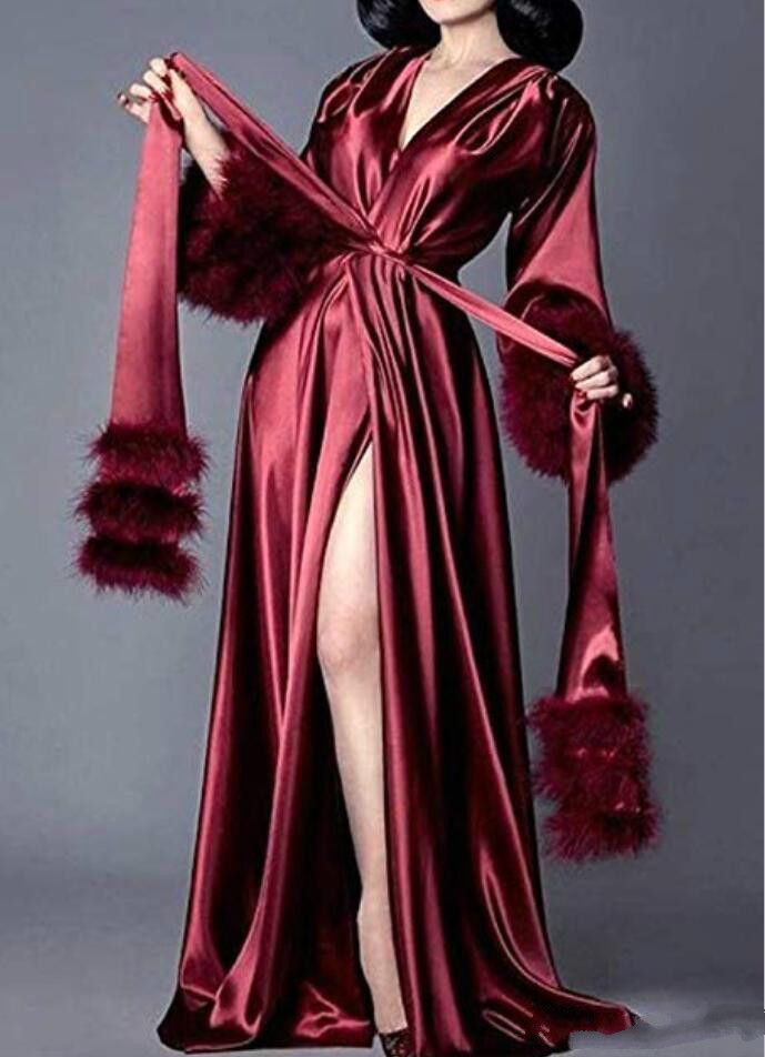 Women Silk Bathrobe Fur Nightgown Pajamas Womens Luxury Dressing Gowns