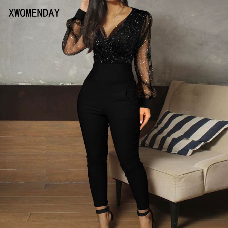 Compre Mono Para Mujer Mono Negro Elegante Lentejuelas Malla Brillo Fiesta  Noche Sexy 2020 Primavera Pantalones Largos Ropa De Una Pieza Monos T200418  A 20,78 € Del Linjun03 | Es.Dhgate.Com