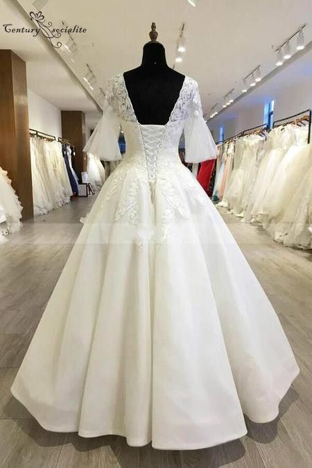 Vestido de novia de mangas acampanadas modestas 2019 palabra de longitud apliques de encaje con cuello Vestido de novia de mangas acampanadas modestas 2019 palabra de longitud apliques de encaje con cuello