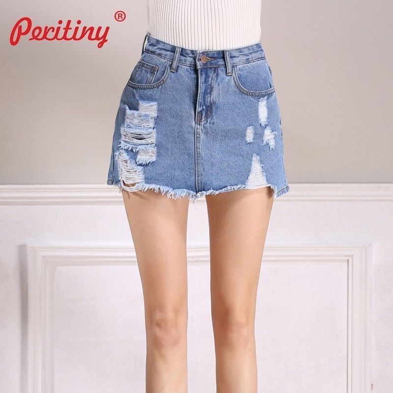 2020 Peritiny Mini Summer Skirt Denim Ripped Sexy Scratch Hole