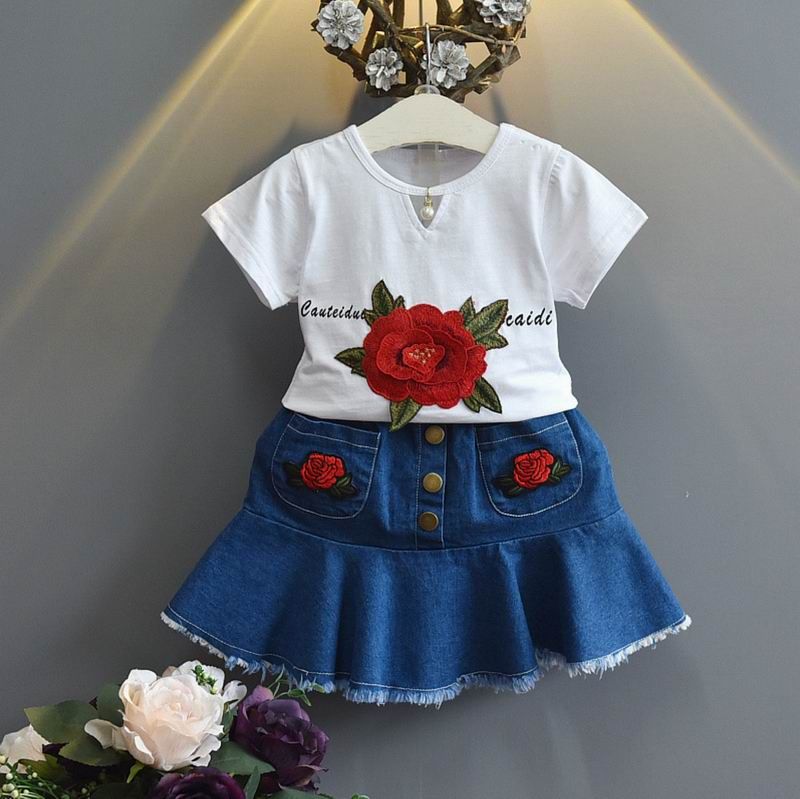 2PCS  Baby kids girls summer Clothing cotton T-shirt & denim skirt  outfits cute