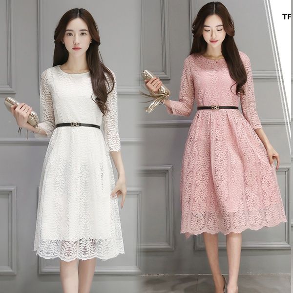 Compra Vestido De Otoño De Las Mujeres Elegantes Con Vuelo Vestido De  Encaje Rosa Casual 2017 Vestidos Largos Con Cinturón Negro Blanco Rosa Gris  Barato | Entrega Rápida Y Calidad | Es.Dhgate
