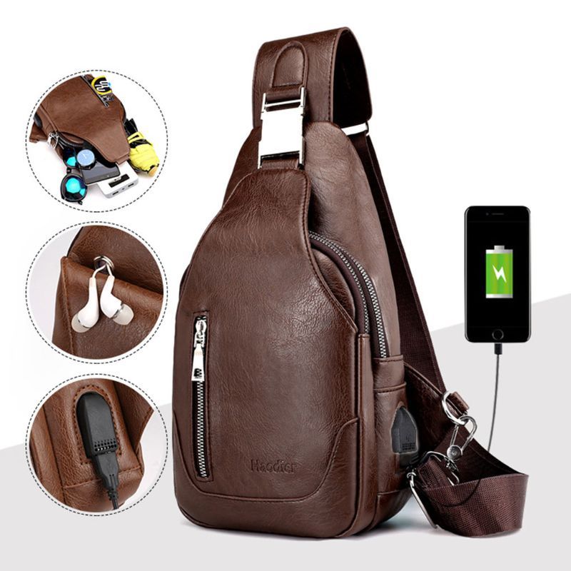 Mens Shoulder Bag USB Charging Sling Chest Pack Outdoor Sport Crossbody Handbag