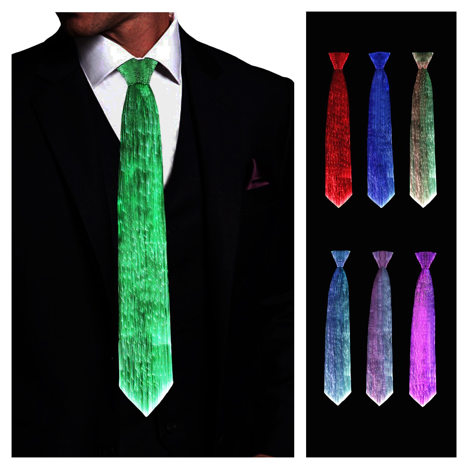 7 Color RGB Light UP Necktie USB rechargeable Optical Fiber Fabric Party Costume 