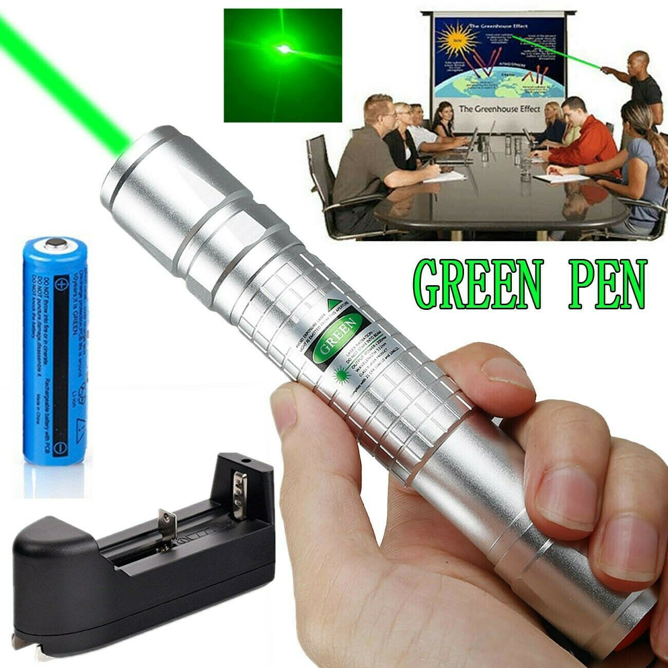 실버 강력한 10Mile 녹색 레이저 포인터 펜 5MW 532nm에서 군사 레이저 펜 포인터 천문학 빔 라이트 애완 동물 장난감 + 18650 배터리 + 충전기
