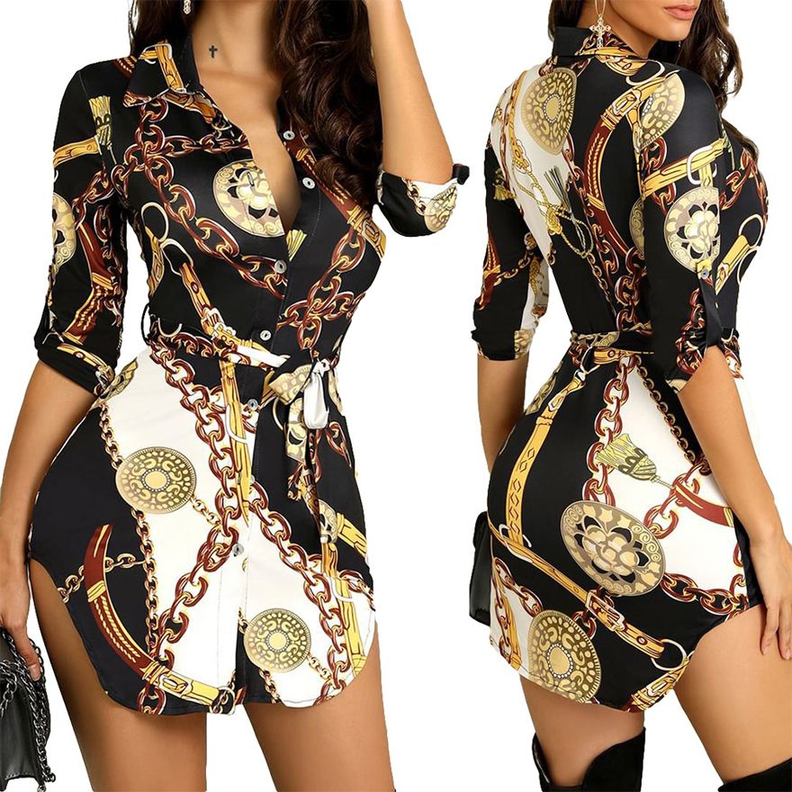 Butterfly Sleeve Skirt Gold Chain Print 