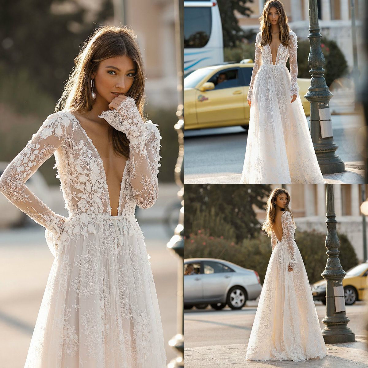 Acheter 2019 Robes De Mariée Bohème Berta Deep V Neck Lace Appliques Sexy Backless Une Robe De Mariée De Plage En Ligne à Manches Longues Boho Chic