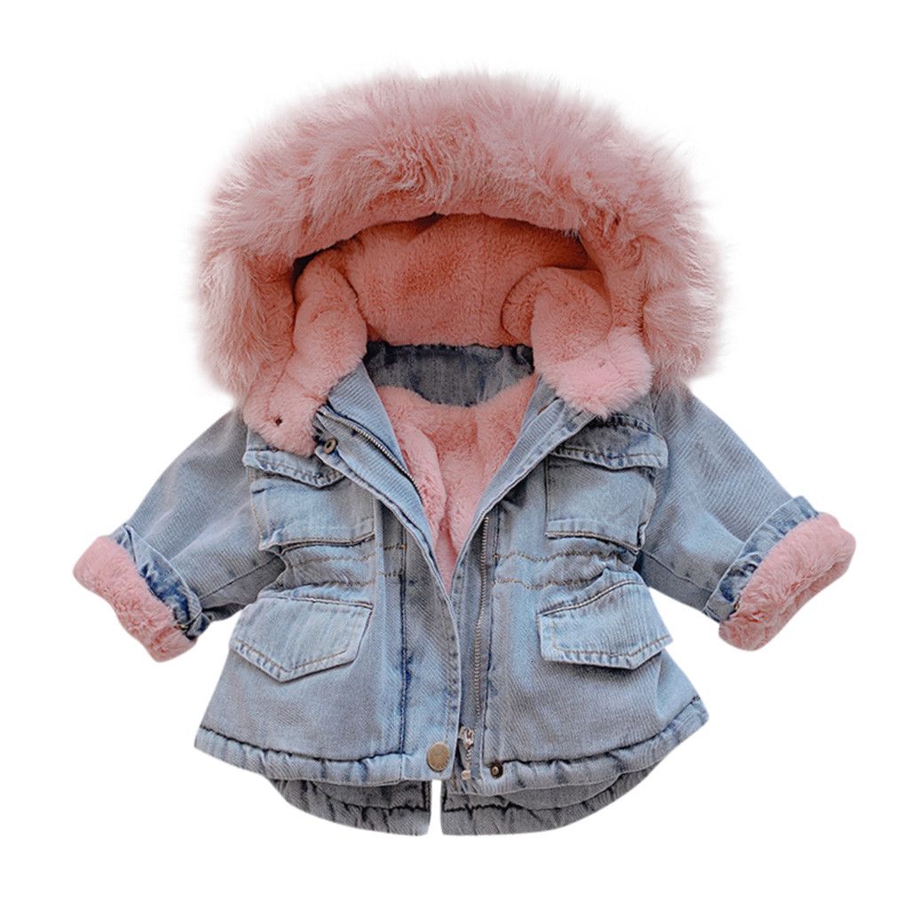 2020 Toddler Kids Baby Girls Hooded Faux Fur Fleece Warm Thick Denim