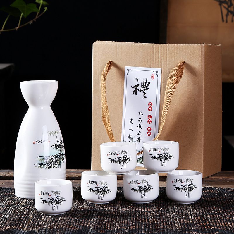 Japanese Traditional Ceramics Black Sake Serving Sets 7 Pcs Pottery Sake Bottle And 6 Cups Ideal for Japanese Sake,White,Round Qis.GH Sake Set