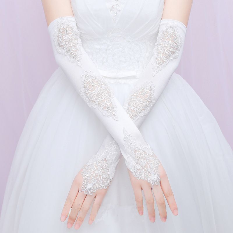Fingerless Long Wedding Gloves Lace Satin Elbow Length Bridal Wedding