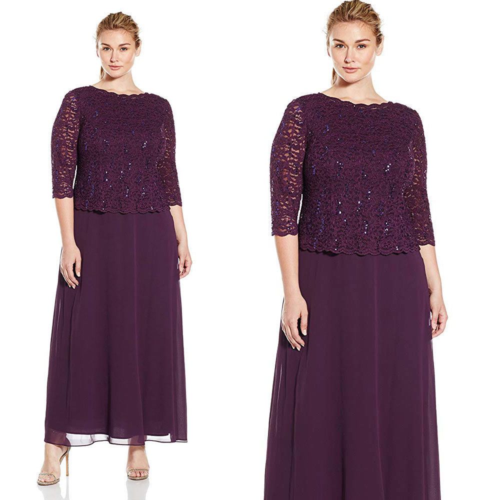 Purple Plus Size Mother Of The Bride Dress Half Sleeve Lace Jewel Neck ...