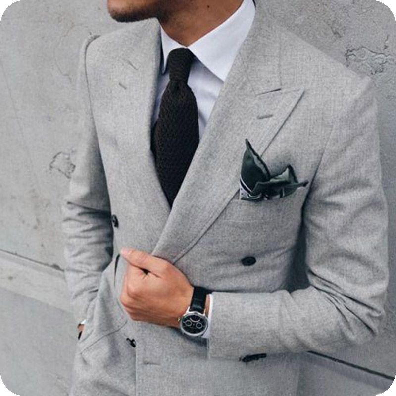 double breasted light grey suit
