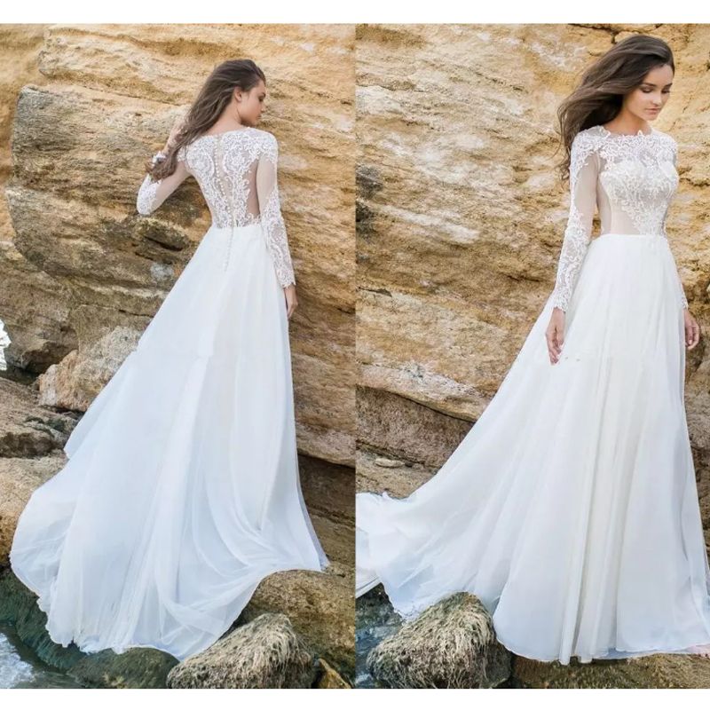 Grosshandel 2019 Vintage Lange Armel Chiffon A Line Brautkleider Spitze Applique Hochzeit Brautkleider Mit Knopfen Von Ofun 101 38 Auf De Dhgate Com Dhgate