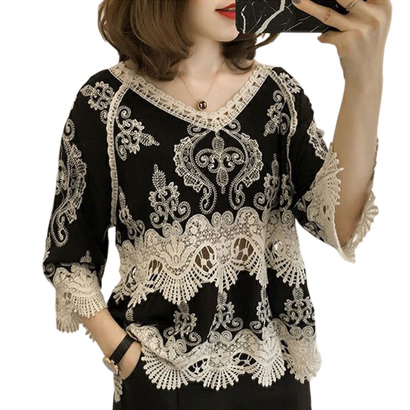 las mujeres 2019 Moda de Verano Patchwork Hollow Out Blusa de Encaje Casual