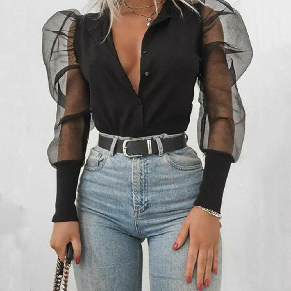 Botón Para Mujer Cuello Volados De Tul Camisa Casual De Las Señoras De Manga Larga Tops Señoras De La Blusa Transparente V Cuello Sexy Blusas Ropa De 6,41 € | DHgate