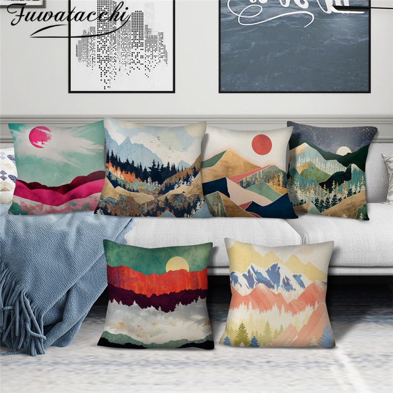 Fuwatacchi Linen Ink Painting Cushion Cover Landscape Picture Printed Pillows Covers For Home Sofa Chair Decorative Pillowcases 25x25 Outdoor Cushions Outdoor Cushion Replacement From Newcute 35 77 Dhgate Com
