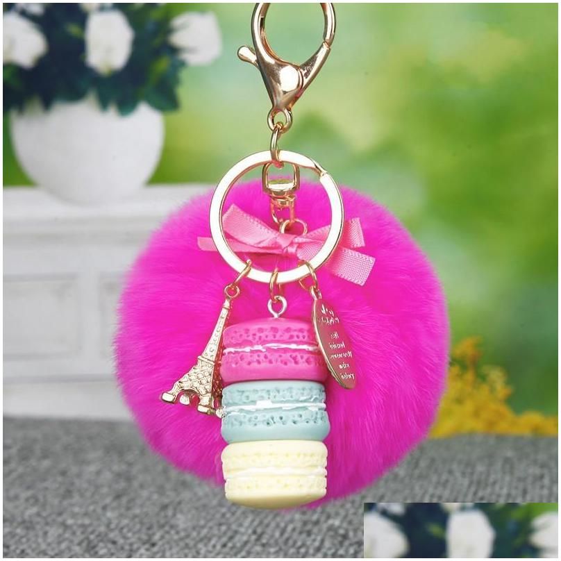 fur ball key ring chain macaron keychain jewelry effiel tower beads keyring holder fashion resin women bag pendant charm accessories 630