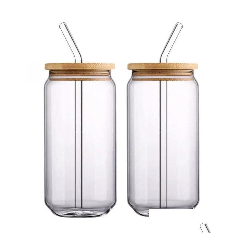 Drinking Glasses with Bamboo Lids and Glass Straw 12oz /16oz Can Shaped  Glass Cups, Beer Glasses, Iced Coffee Glasses