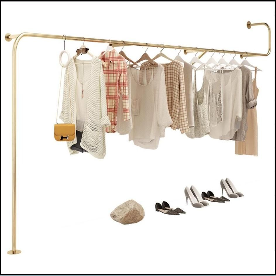 clothes store display stand rack commercial furniture floor type stands womens clothing shop gold coat hanger hanging on the wall side