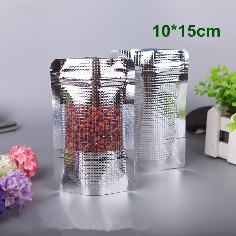 2019 10x15cm 3.9x5.9 Stand Up Pouch Grain Style Silver Aluminum Foil Bag Doypack With Clear