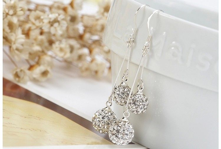 Silver Shamballa Drop Earrings Jewelry Austrian Crystal Dangle Earrings for Party Gift 6mm + 8mm Fashion Jewellery Wholesale - 0007WH