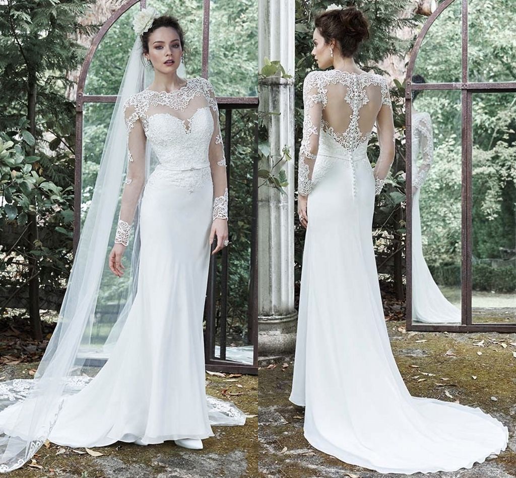 2016 Sheer Lace Mermaid Wedding Dresses With Long Sleeves Long Veil ...