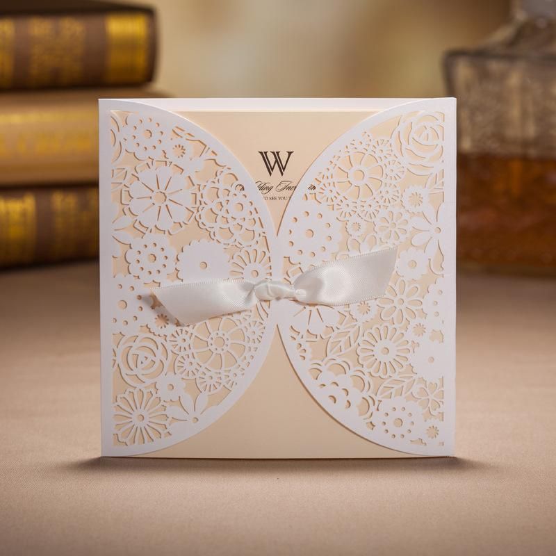 white wedding invitations hollow foil stamping uneven ribbon wedding