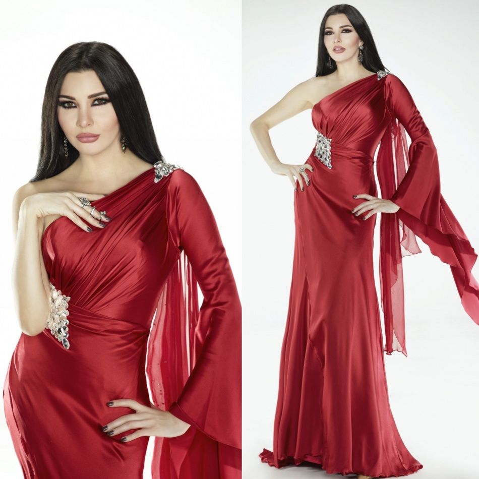 One Shoulder Long Sleeves Arabic Dresses 2016 Chiffon Ruffles Chiffon ...