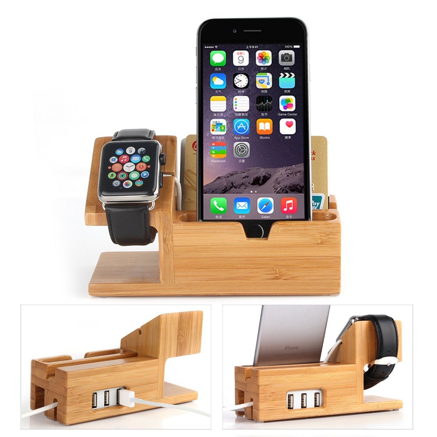 For Apple Watch Iwatch Iphone Bamboo Charging Station Stand Dock For Apple Watch Iwatch Iphone Bamboo Charging Station Stand Dock Bucket Wood Phone Holder 6 Plus 5s Cell Mounts Holders