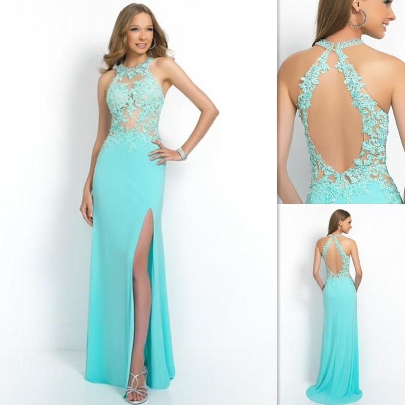 2015 Formal Open Back Sheer Prom Dresses Mint Green Appliques Lace Cut ...