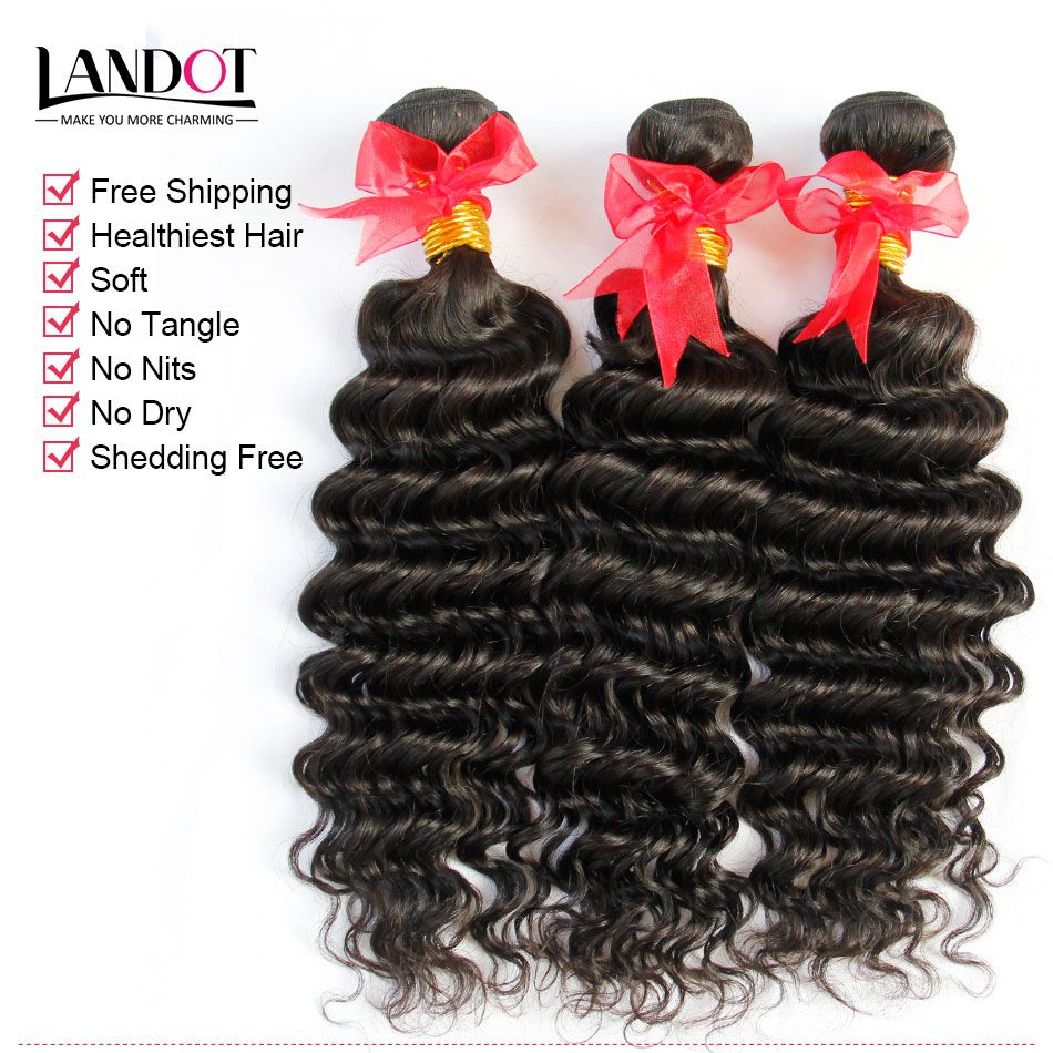 Brazilian Virgin Hair Deep Wave With Closure 8A Unprocessed Curly Human Hair Weaves 3 Bundles And Top Lace Closures Natural Black Wefts