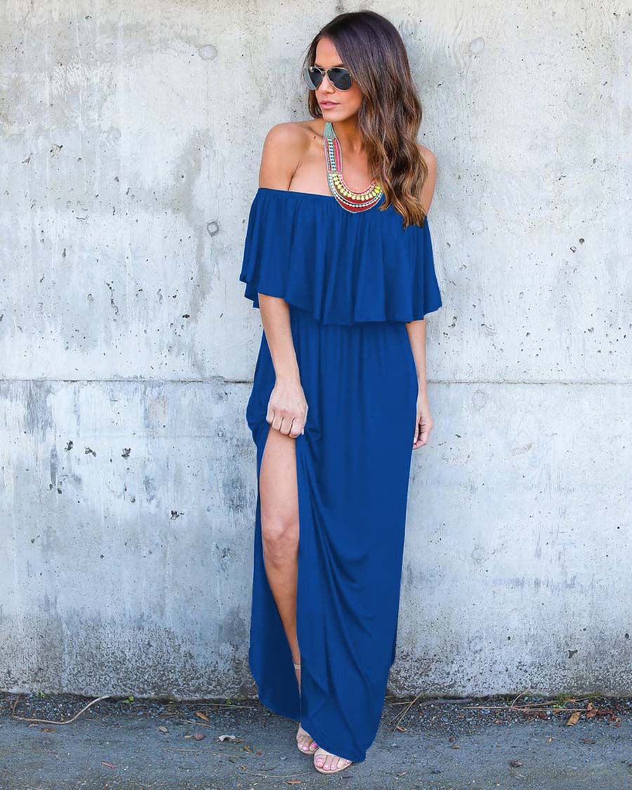2017 Royal Blue Casual Dresses With Pockets Off Shoulder Ruffled Long Dresses Summer Beach Boho